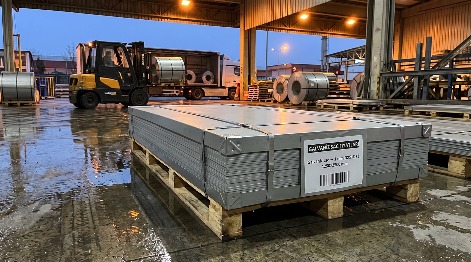 Galvaniz sac 1 mm DX51D+Z, 1250×2500 mm, sevkiyat alanında